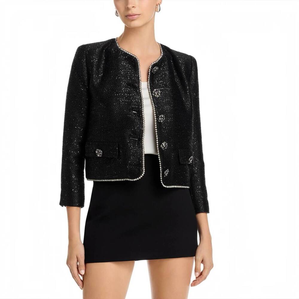 NEW L'AGENCE zell crystal trim tweed jacket in black sequin